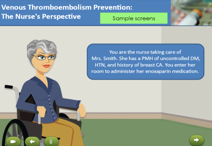 Sample screens from blood clot prevention module for nurses